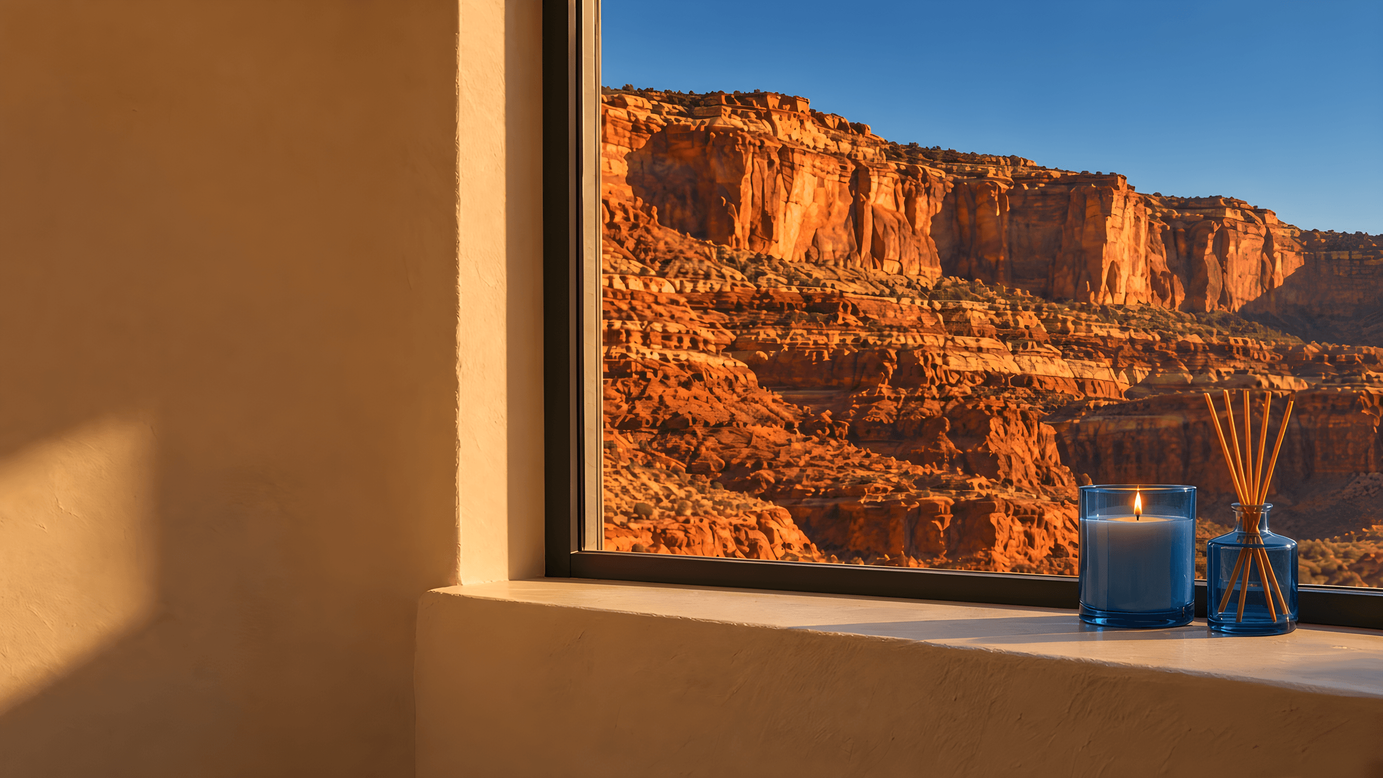 A candle in sky-blue glass burning on a plaster window ledge, with a red rock canyon wall and a deep blue sky outside.