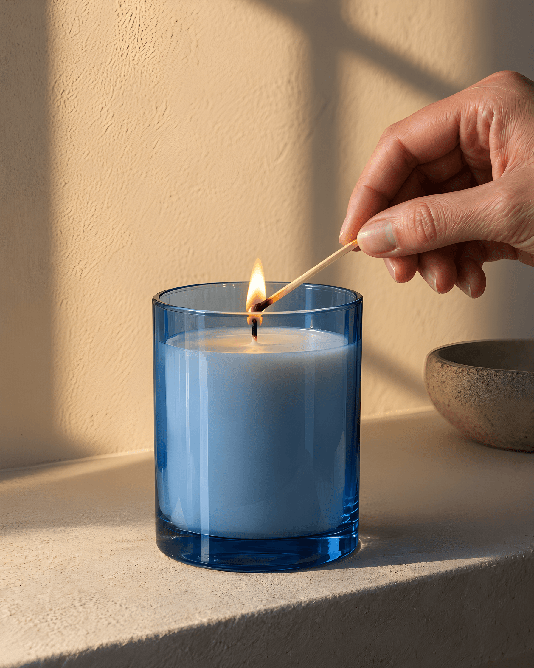A hand holding a long match to the wick of a candle in sky-blue glass on a sand-coloured shelf.