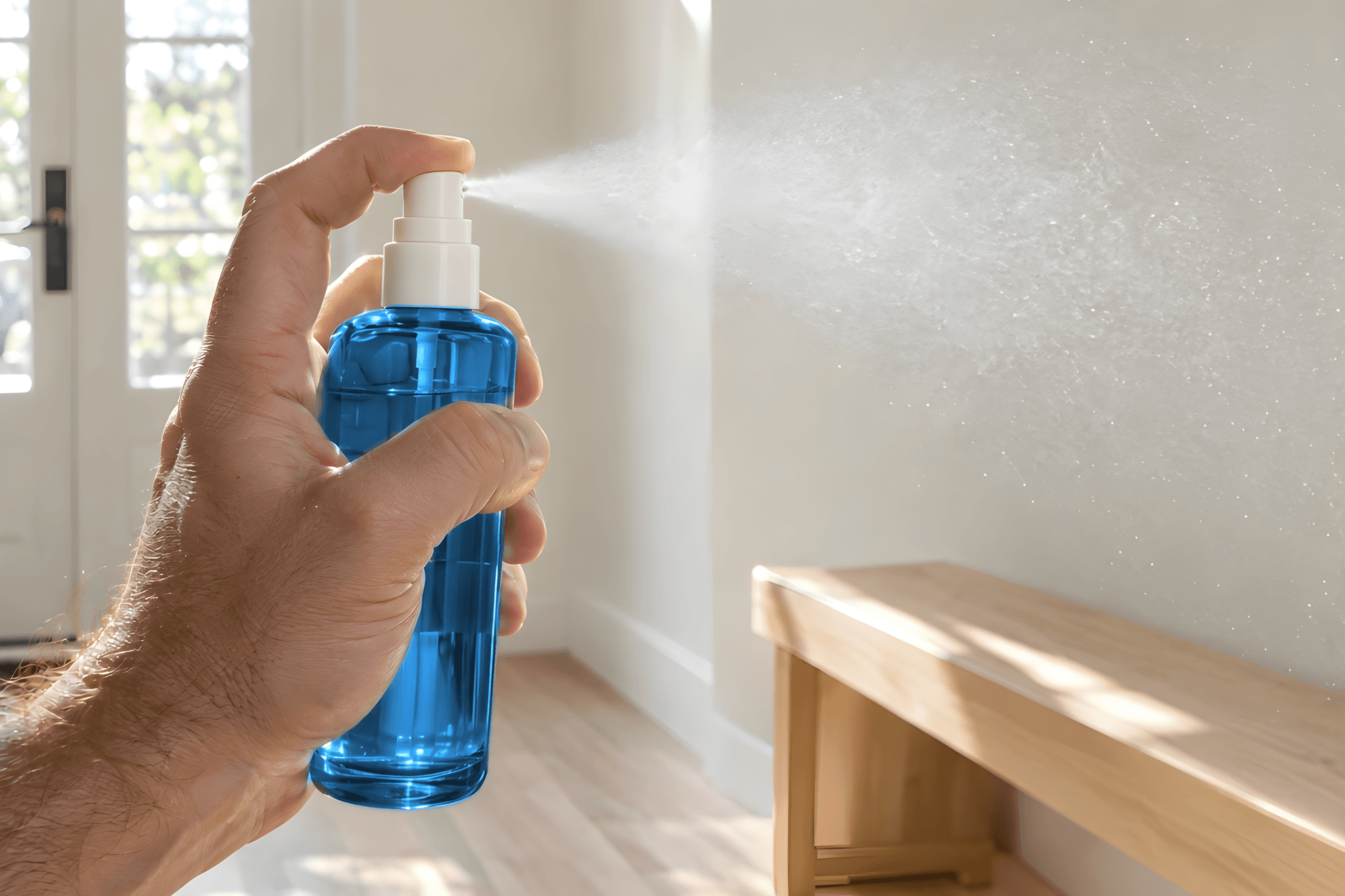 A hand pressing the pump of a sky-blue glass spray bottle in a bright entry hall, a fine mist in the air.